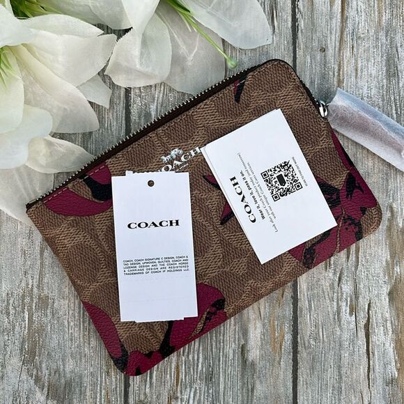 Coach Corner Zip Wristlet In Signature Canvas With Bow Print Bag Wallet Purse - Picture 6 of 11